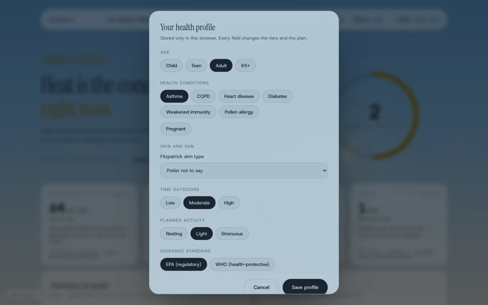 Health profile dialog with choices for age, health conditions including asthma, COPD, heart disease and pregnancy, skin type, time outdoors, planned activity and guidance standard.
