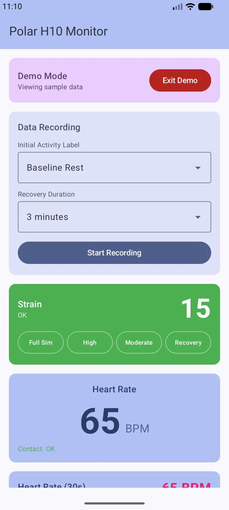 Same app screen with a green Strain card showing a score of 15 and the label OK, buttons for Full Sim, High, Moderate and Recovery, and a heart rate of 65 beats per minute.