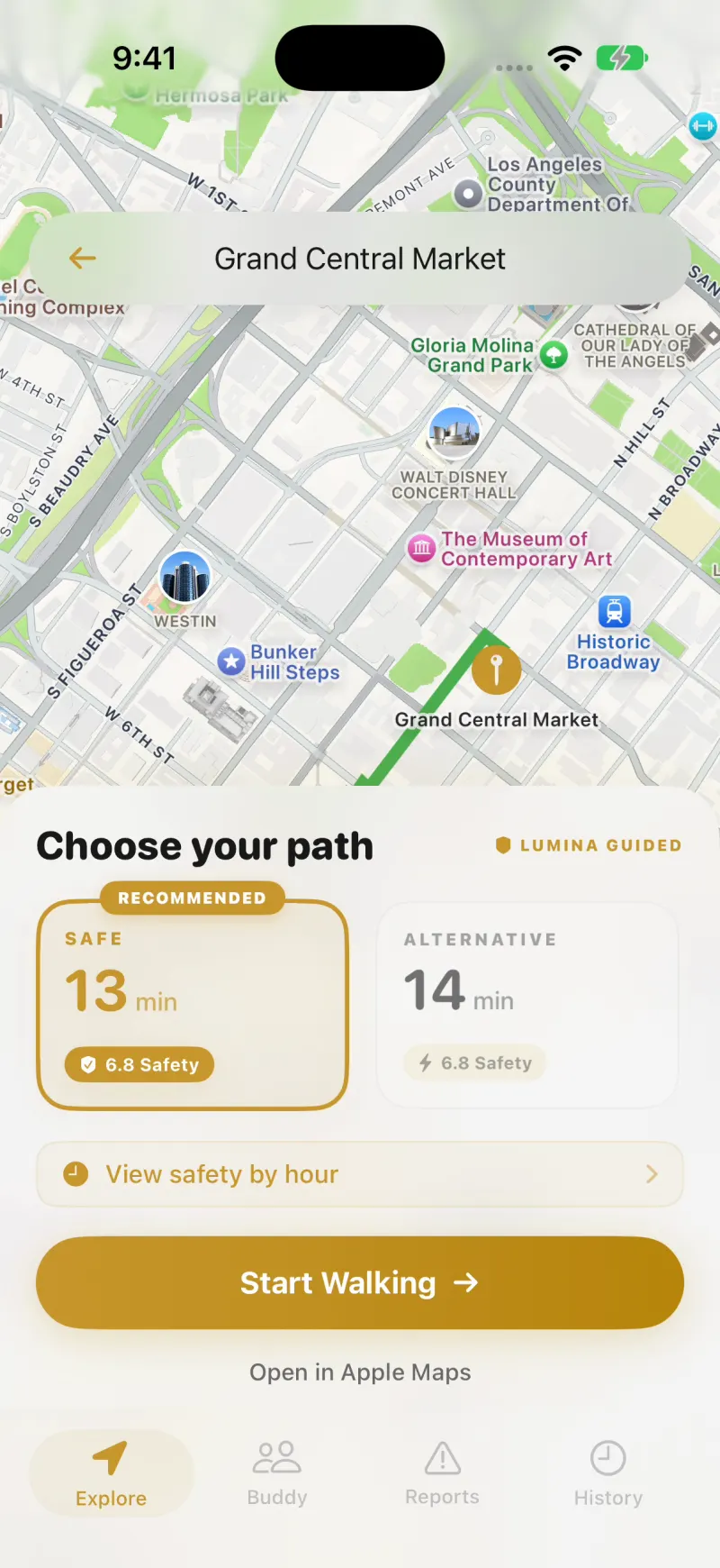 Lumina iPhone screen titled Choose your path, showing a recommended 13-minute route and a 14-minute alternative, each with a safety score of 6.8