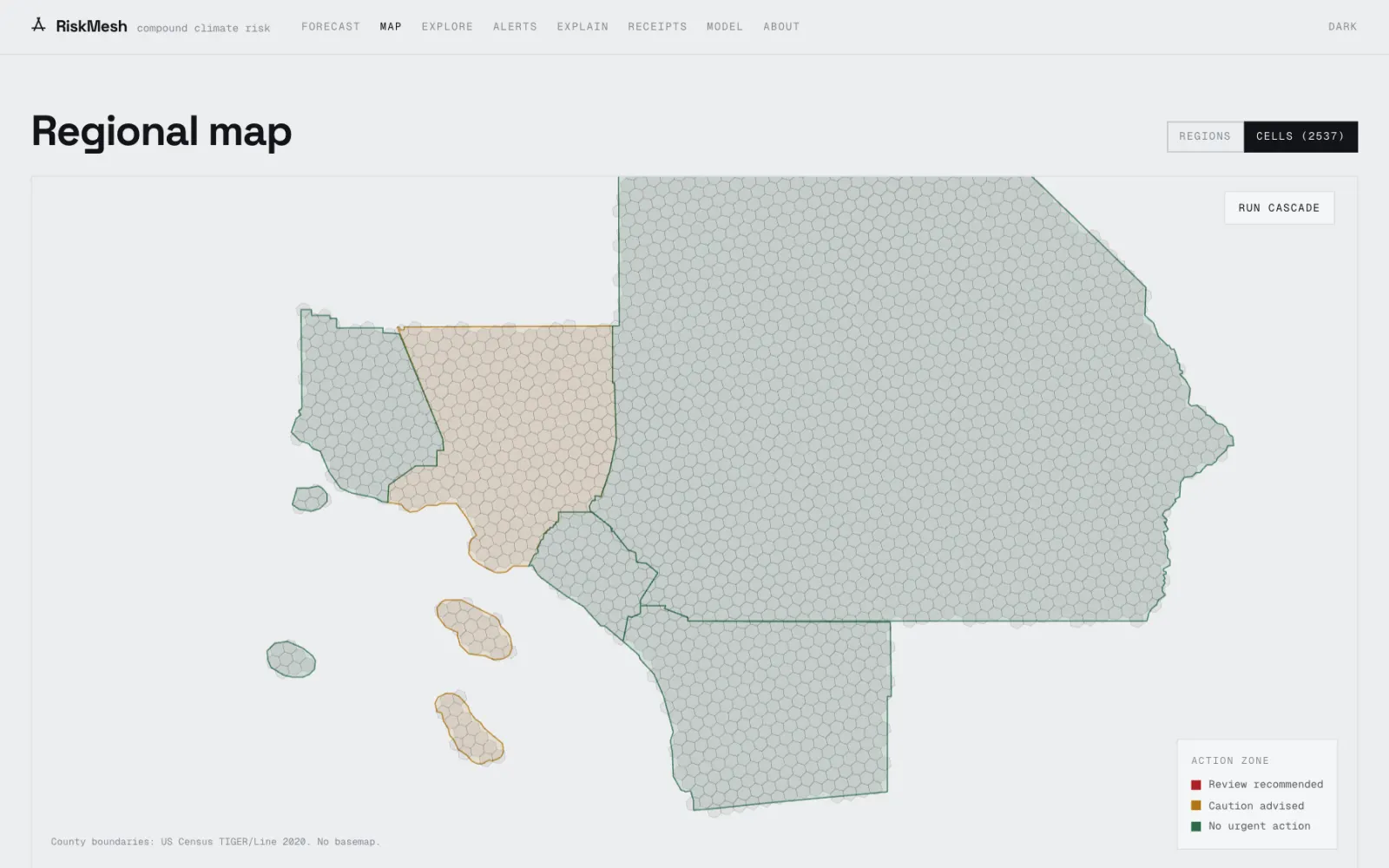 Map of Los Angeles, Orange, Ventura, Riverside, San Bernardino and San Diego counties covered by 2,537 small hexagons, with Los Angeles County shaded amber and the other counties shaded green.