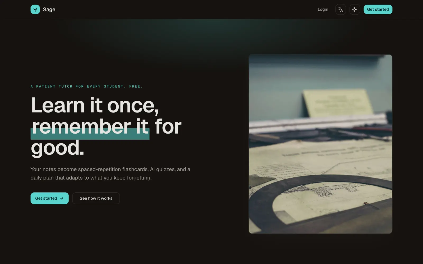 Sage home page with the heading 'Learn it once, remember it for good' and a Get started button