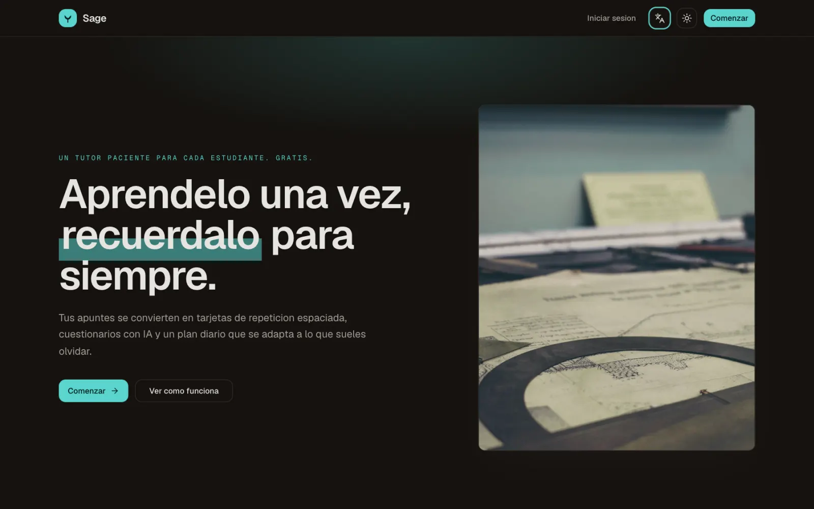 The same Sage home page shown in Spanish, with the heading 'Aprendelo una vez, recuerdalo para siempre'